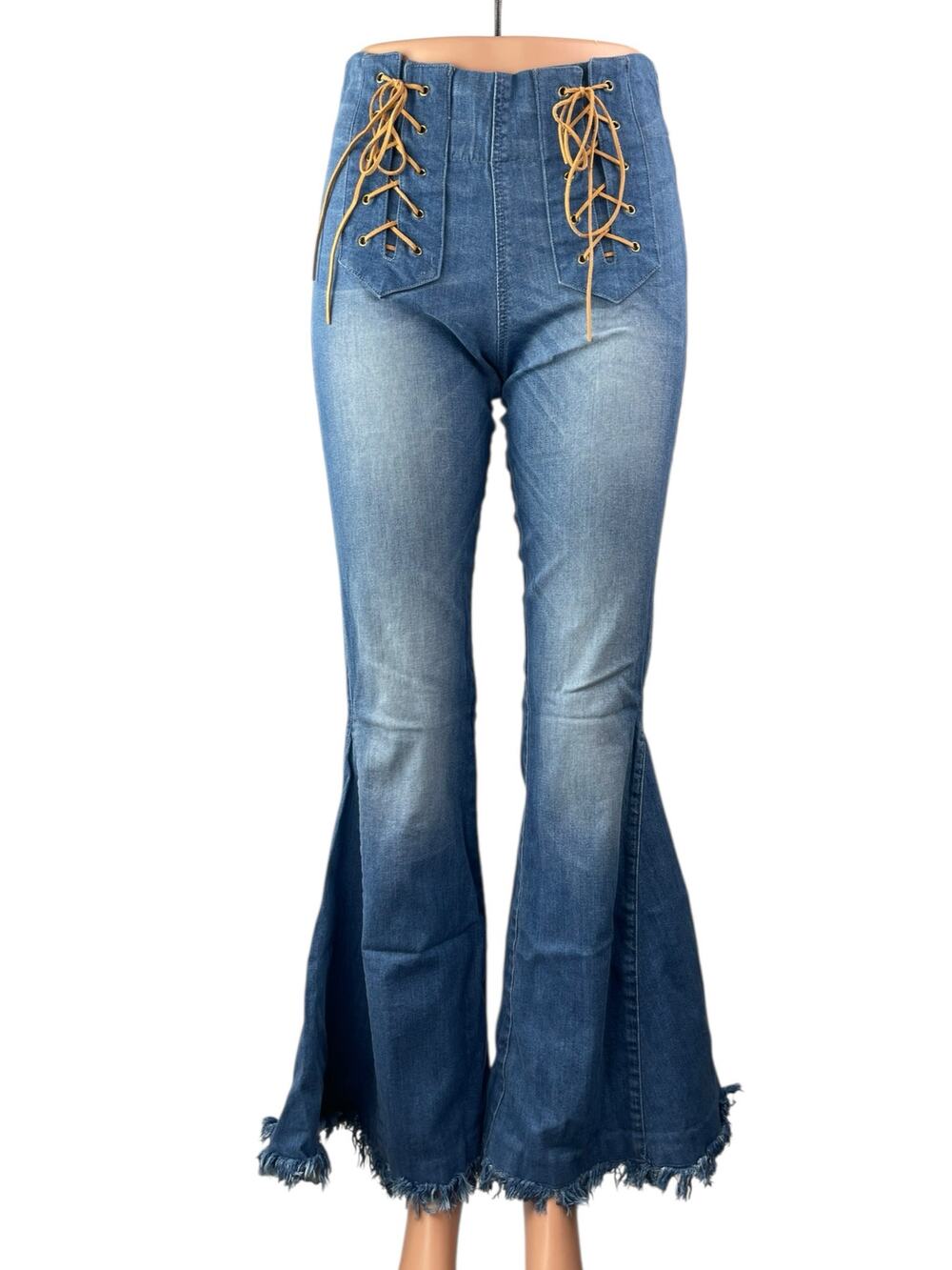 Judith March Women's Blue Lace Up High Rise Flare Bell Bottom Denim Jeans Size S